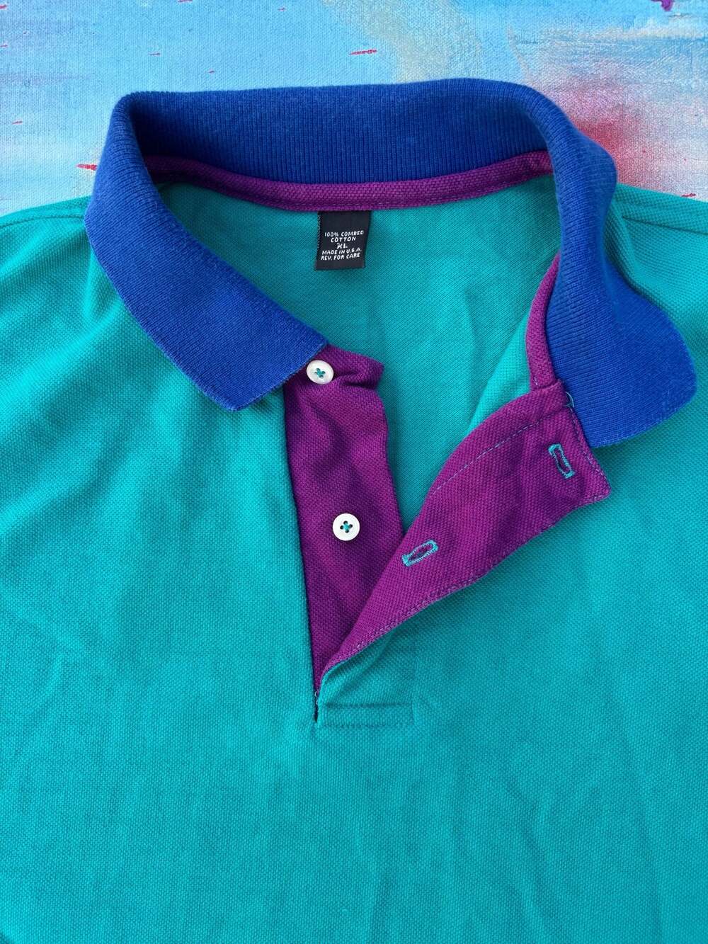 Vintage 90s Lands end Teal Colorblock Polo Shirt XL Made in USA